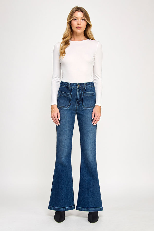 HIGH RISE FLARE JEANS IN MEDIUM DARK (P-SP-P102)