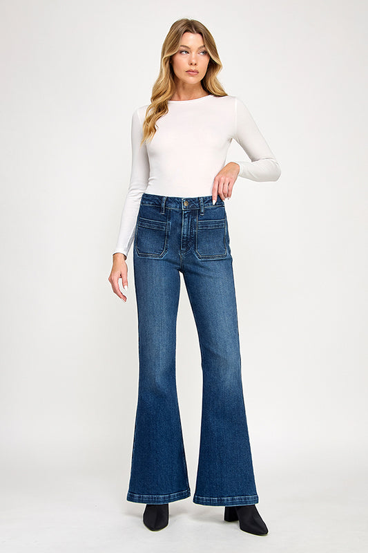 HIGH RISE FLARE JEANS IN MEDIUM DARK (P-SP-P102)