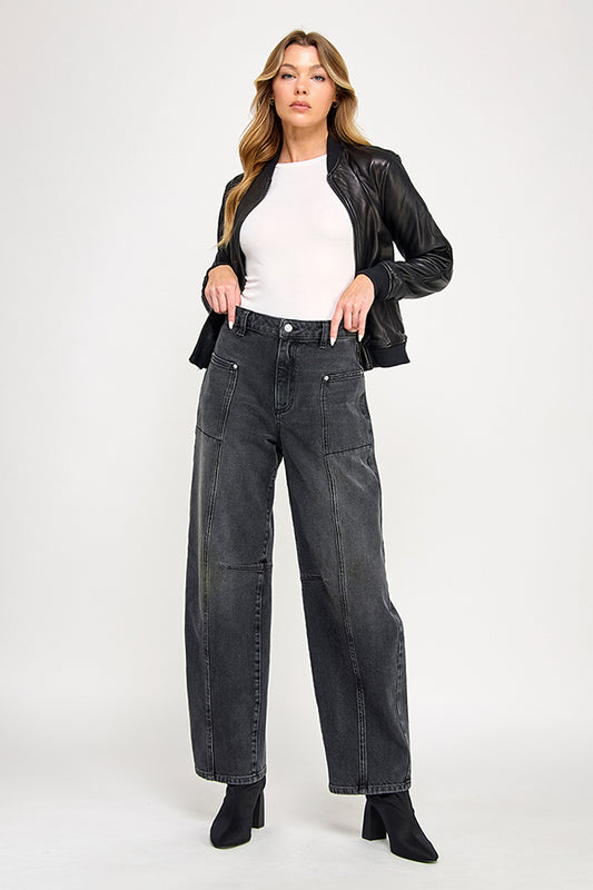 HIGH RISE BALLOON JEANS IN WASHED BLACK (P-SP-P106BK)