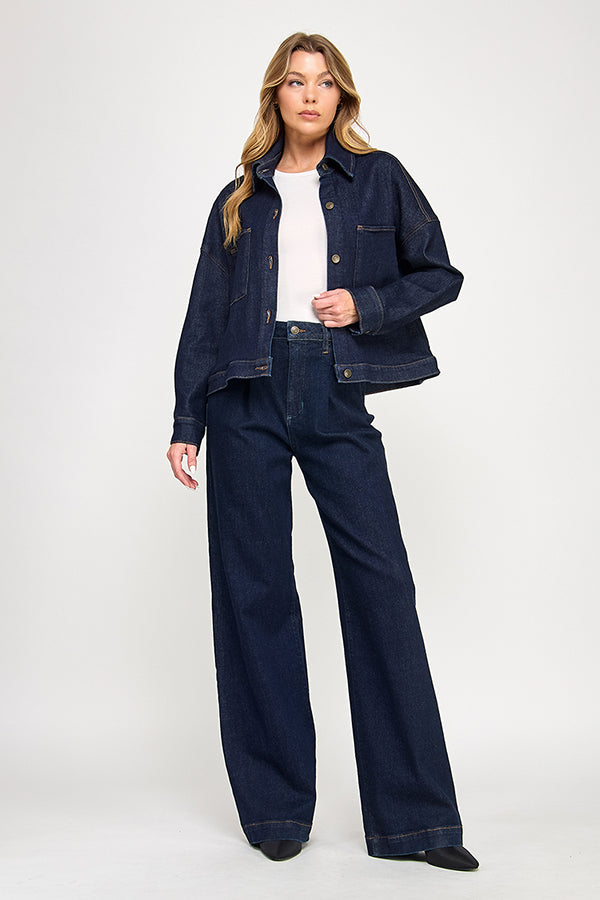【PERSTEP】GATHER WIDE DENIM PANTS GRAPENT Women's Stretchy High Waisted Wide Leg Bay Blue