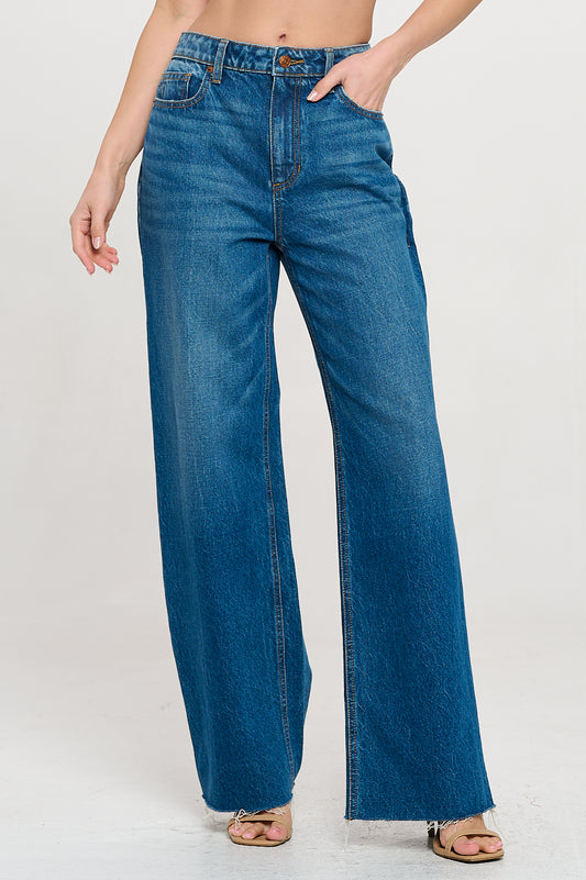 ★NEW★ HIGH RISE WIDE STRAIGHT WITH RAW CUT HEM IN MEDIUM DARK