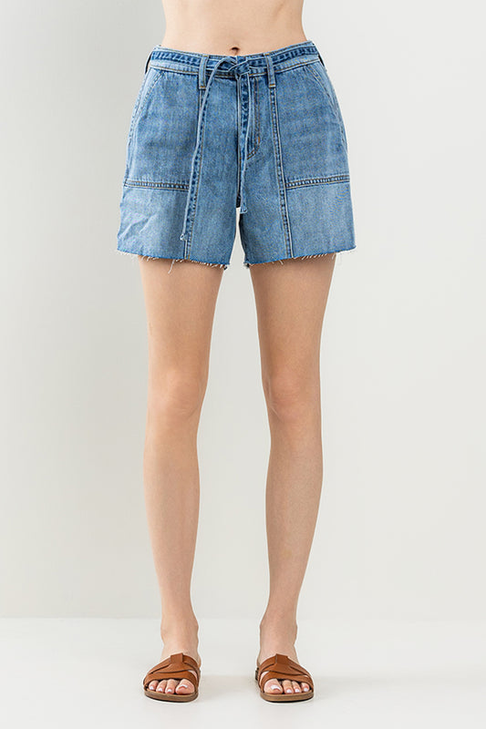 ♡20% OFF♡ HIGH RISE TIE WAIST SHORTS WITH RAW CUT HEM